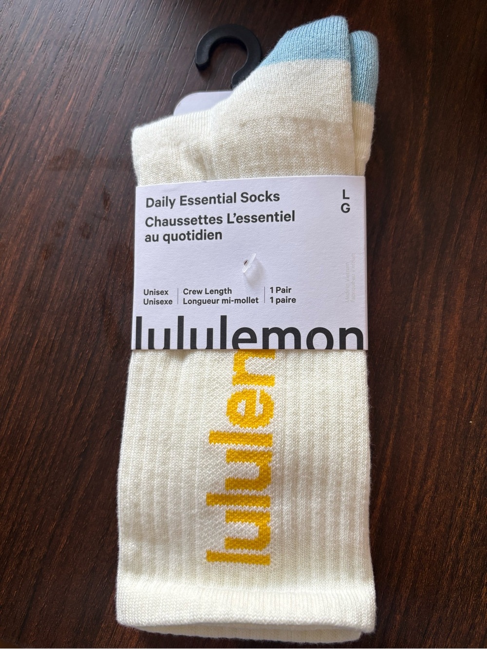 lululemon athletica Cream Crew Socks with Light Blue Toe and Yellow Logo